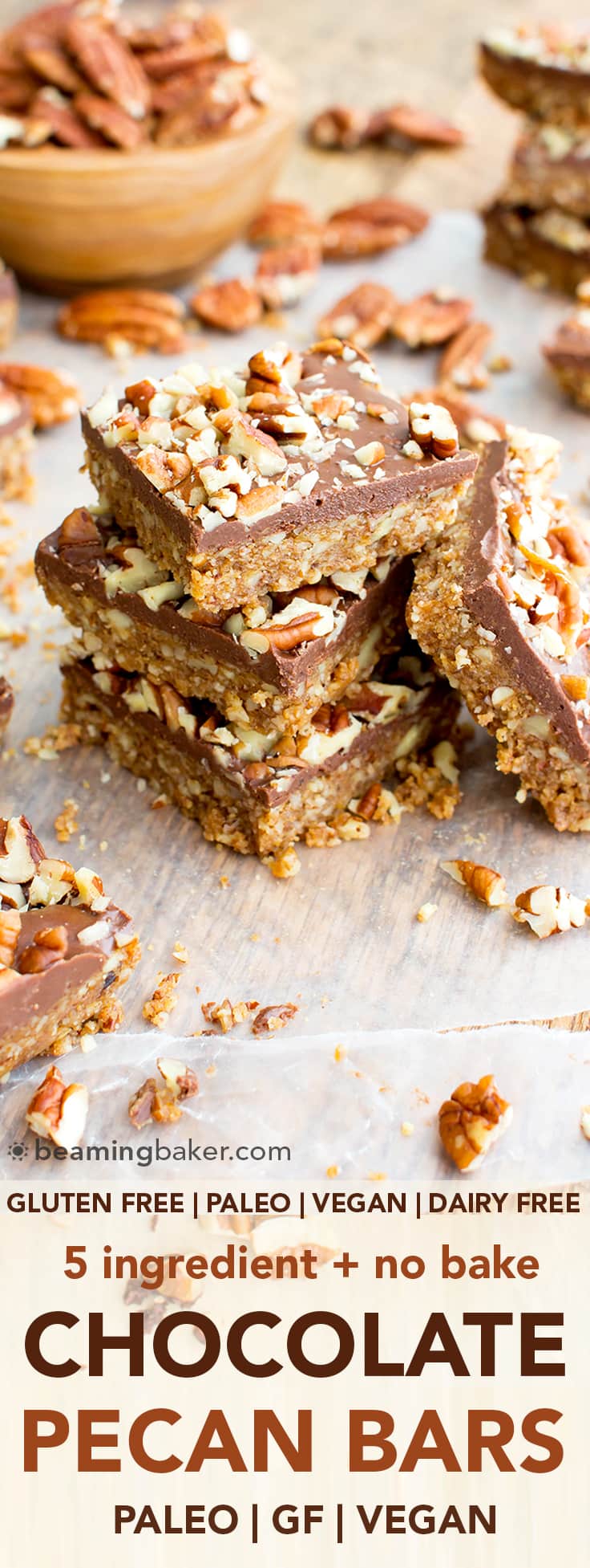 No Bake Paleo Chocolate Pecan Bars (V, GF, Paleo): a 5-ingredient, no bake recipe for deliciously textured pecan bars topped with a thick layer of chocolate and nuts. #Paleo #Vegan #GlutenFree #DairyFree | BeamingBaker.com