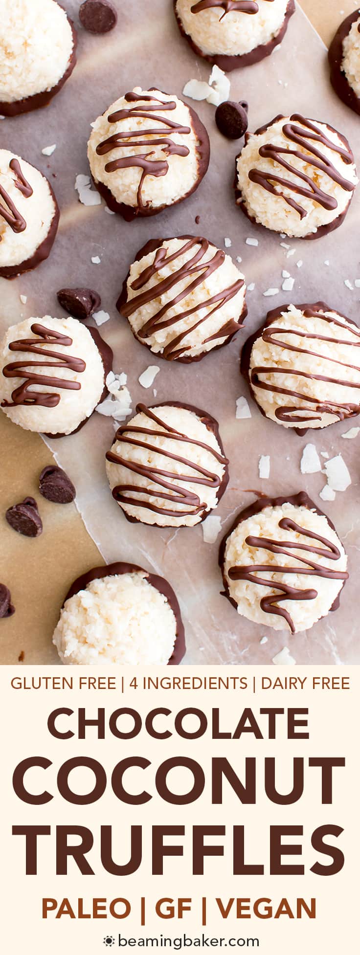Paleo Vegan Chocolate Coconut Truffles (V, Paleo, GF, DF): an easy, 4-ingredient recipe for deliciously textured coconut truffles dipped in chocolate. #Paleo #Vegan #GlutenFree #DairyFree | BeamingBaker.com