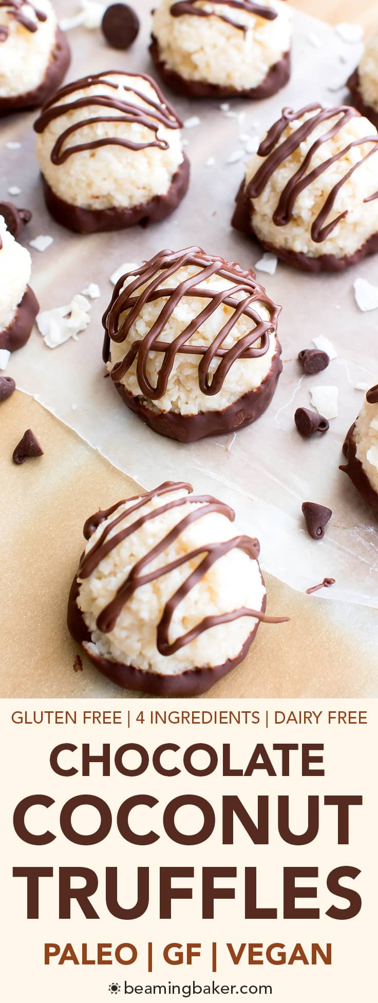 Paleo Vegan Chocolate Coconut Truffles (V, Paleo, GF, DF): an easy, 4-ingredient recipe for deliciously textured coconut truffles dipped in chocolate. #Paleo #Vegan #GlutenFree #DairyFree | BeamingBaker.com