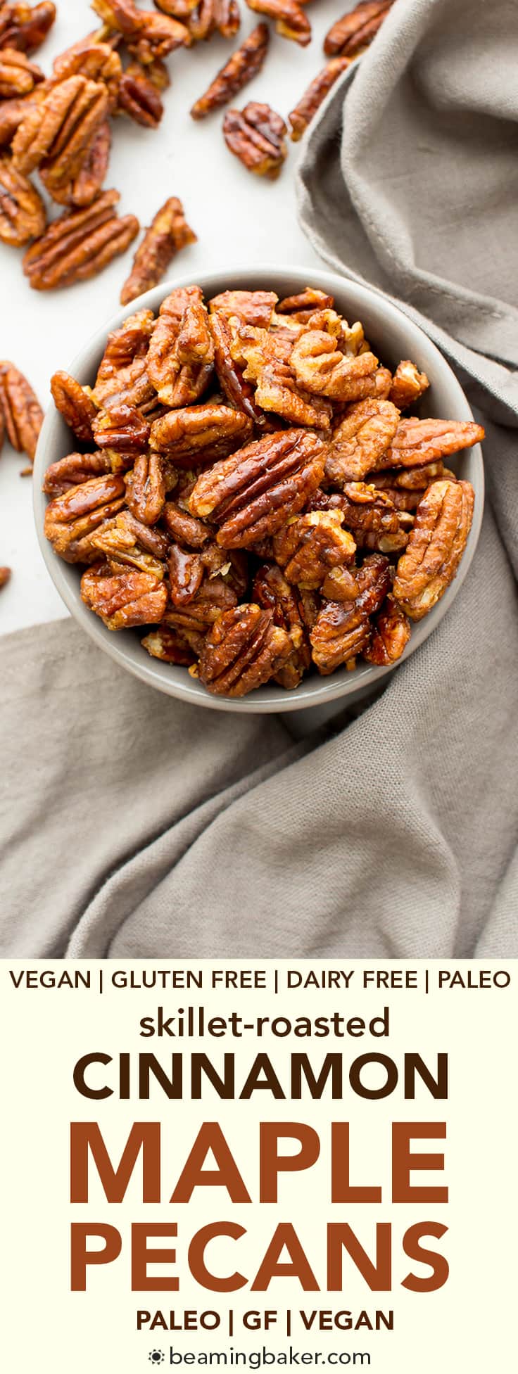 Skillet-Roasted Maple Cinnamon Pecans (V, GF, Paleo): a 6-ingredient recipe for warm, cozy skillet-roasted pecans glazed with coconut sugar and cinnamon. #Paleo #Vegan #GlutenFree #DairyFree | BeamingBaker.com