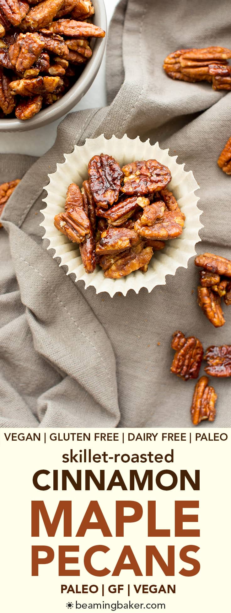 Skillet-Roasted Maple Cinnamon Pecans (V, GF, Paleo): a 6-ingredient recipe for warm, cozy skillet-roasted pecans glazed with coconut sugar and cinnamon. #Paleo #Vegan #GlutenFree #DairyFree | BeamingBaker.com