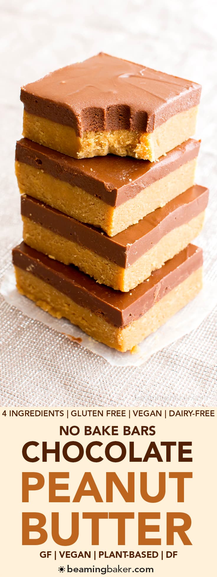 4 Ingredient No Bake Chocolate Peanut Butter Bars (V, GF, DF): an easy recipe for thick, decadent peanut butter bars that taste like Reese’s. #Vegan #GlutenFree #DairyFree BeamingBaker.com
