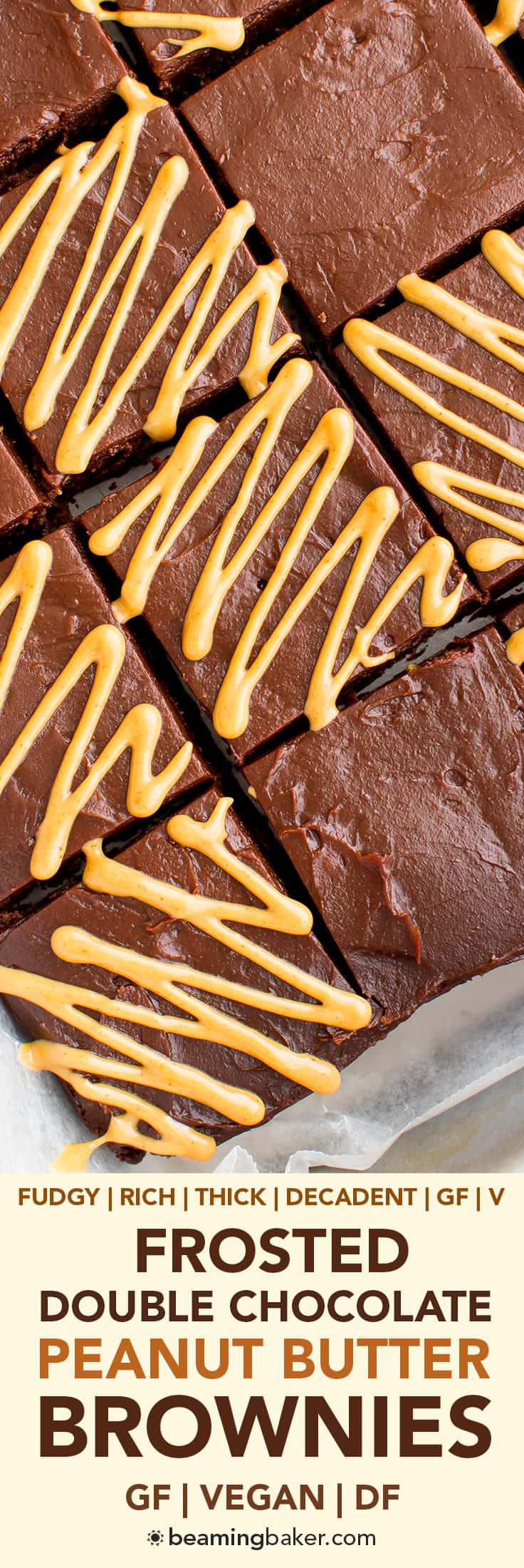 Double Chocolate Frosted Peanut Butter Brownies (V, GF, DF): an easy recipe for rich, fudgy peanut butter brownies slathered in chocolate PB frosting. #Vegan #GlutenFree #DairyFree | BeamingBaker.com