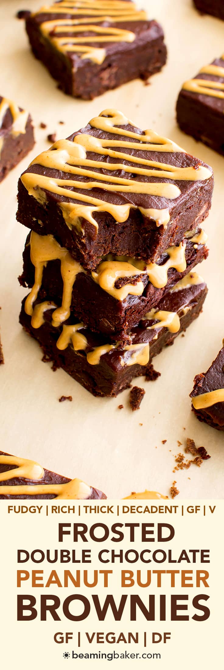 Double Chocolate Frosted Peanut Butter Brownies (V, GF, DF): an easy recipe for rich, fudgy peanut butter brownies slathered in chocolate PB frosting. #Vegan #GlutenFree #DairyFree | BeamingBaker.com