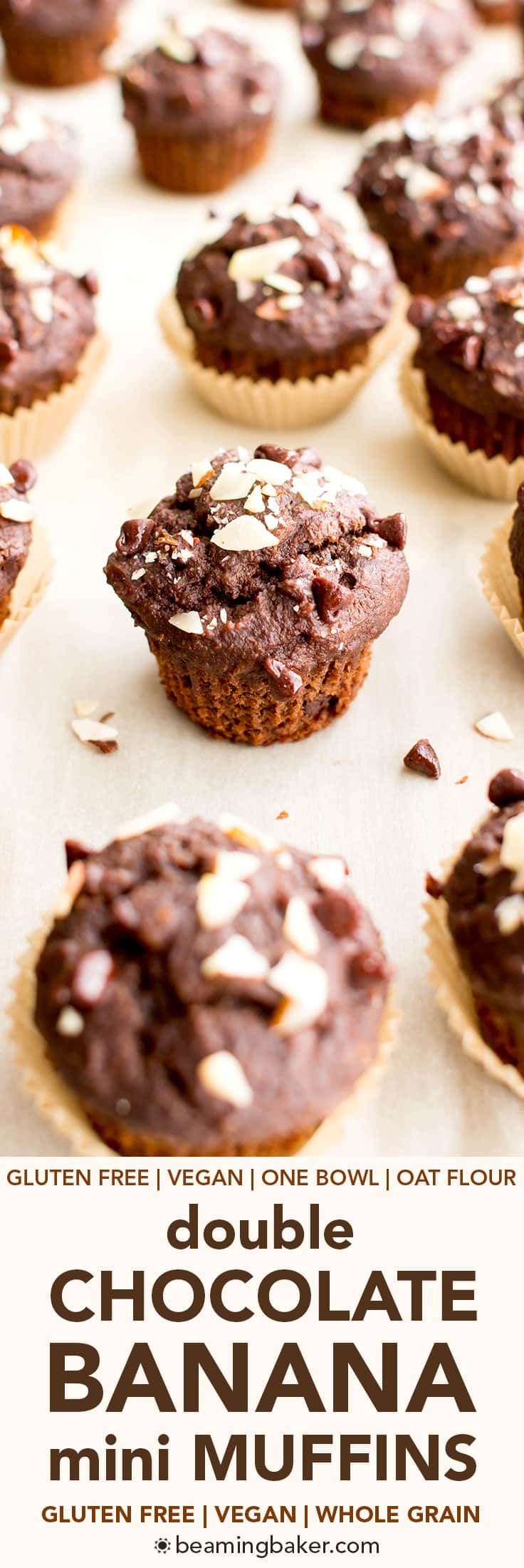 Double Chocolate Banana Almond Mini Muffins (V, GF, DF): a one bowl recipe for perfectly moist chocolate banana mini muffins made with oat flour and almonds. #Vegan #GlutenFree #DairyFree #OatFlour | BeamingBaker.com
