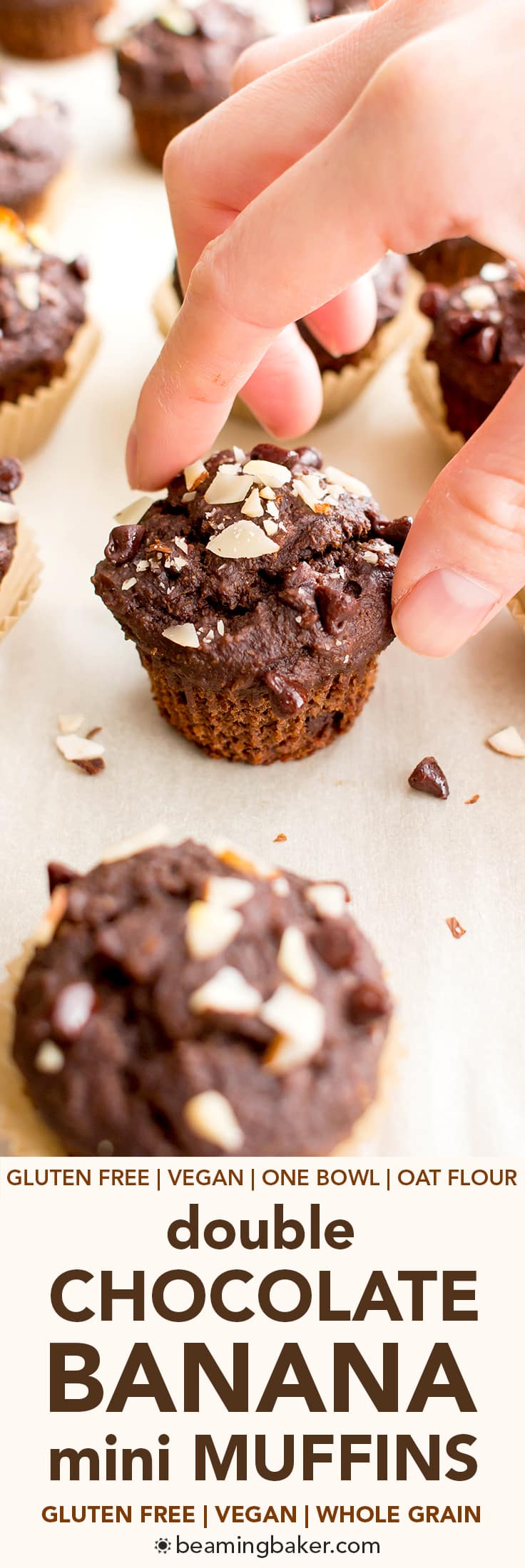 Double Chocolate Banana Almond Mini Muffins (V, GF, DF): a one bowl recipe for perfectly moist chocolate banana mini muffins made with oat flour and almonds. #Vegan #GlutenFree #DairyFree #OatFlour | BeamingBaker.com