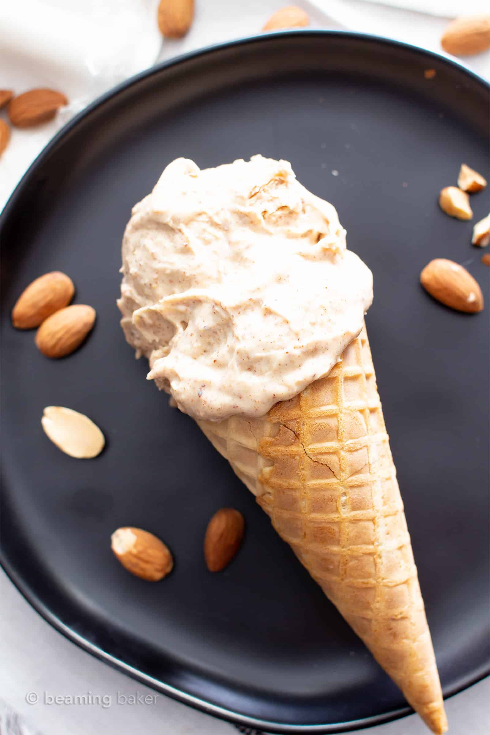4 Ingredient Almond Butter Paleo Ice Cream: just 5 mins of prep & 4 ingredients for the creamiest almond butter paleo ice cream! No Churn, Vegan, Keto, Dairy Free. #Paleo #AlmondButter #IceCream | Recipe at BeamingBaker.com 