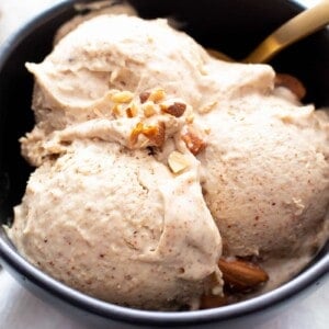 4 Ingredient Almond Butter Paleo Ice Cream: just 5 mins of prep & 4 ingredients for the creamiest almond butter paleo ice cream! No Churn, Vegan, Keto, Dairy Free. #Paleo #AlmondButter #IceCream | Recipe at BeamingBaker.com 