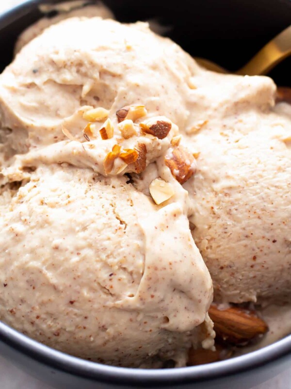 4 Ingredient Almond Butter Paleo Ice Cream: just 5 mins of prep & 4 ingredients for the creamiest almond butter paleo ice cream! No Churn, Vegan, Keto, Dairy Free. #Paleo #AlmondButter #IceCream | Recipe at BeamingBaker.com 