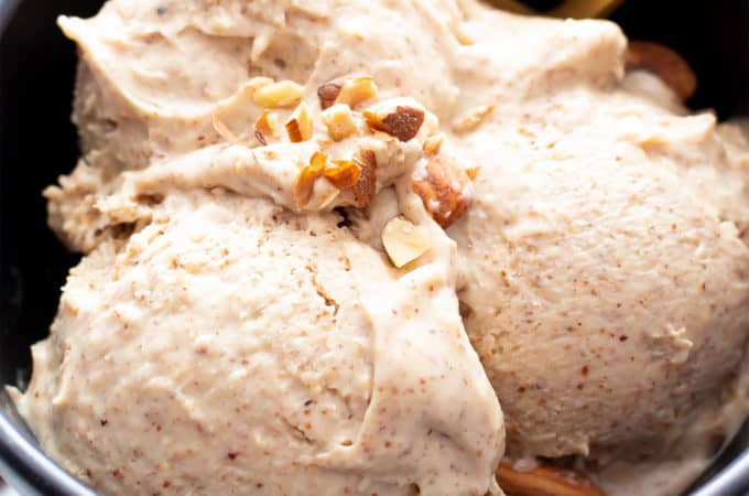 4 Ingredient Almond Butter Paleo Ice Cream: just 5 mins of prep & 4 ingredients for the creamiest almond butter paleo ice cream! No Churn, Vegan, Keto, Dairy Free. #Paleo #AlmondButter #IceCream | Recipe at BeamingBaker.com 