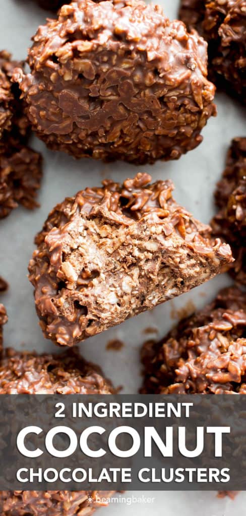 2 Ingredient Chocolate Coconut Candy Clusters: just 5 mins of prep for easy coconut chocolate clusters packed with chewy coconut flakes. The easiest chocolate coconut candy clusters! #Coconut #Chocolate #Candy #Clusters | Recipe at BeamingBaker.com