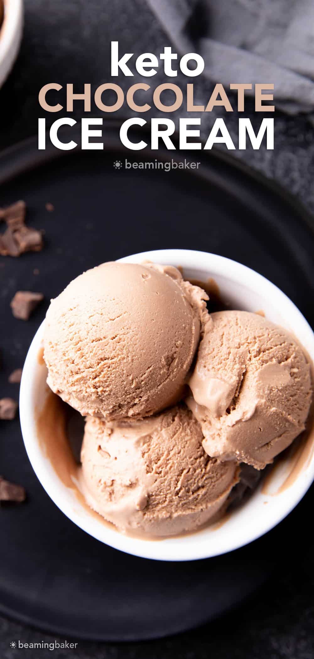 Chocolate Keto Ice Cream Recipe: this decadent chocolate keto ice cream recipe yields rich ‘n creamy homemade keto ice cream. Just 1 net carb for delicious keto ice cream! #Keto #KetoIceCream #LowCarb #Chocolate | Recipe at BeamingBaker.com