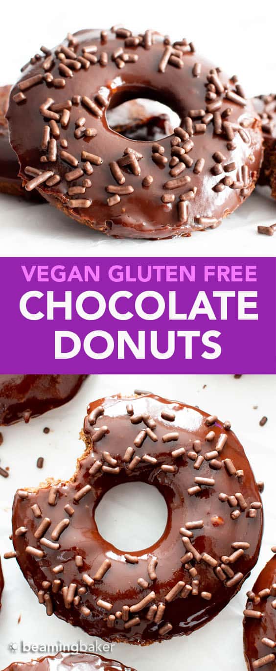 Vegan Gluten Free Donuts: soft ‘n fluffy vegan gf chocolate donuts topped with luxurious vegan chocolate glaze. The best gluten free vegan donut recipe! #GlutenFreeVegan #VeganGlutenFree #Donuts #Doughnuts #Chocolate | Recipe at BeamingBaker.com