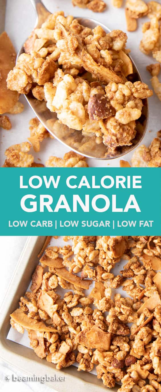 Low Calorie Granola: 5 mins of prep for the best low carb, low sugar, low fat granola! Crispy, crunchy and perfectly sweet. Only 74 calories, 3.6g of sugar and 7g carbs per serving. #LowCalorie #Granola #LowCarb #LowFat #LowSugar | Recipe at BeamingBaker.com