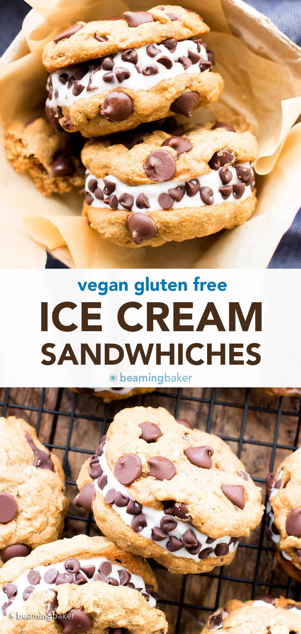 Vegan Ice Cream Sandwiches (GF): soft-baked gluten free chocolate chip cookies sandwich a thick layer of delicious creamy vegan ice cream. The best gluten free ice cream sandwiches! #Vegan #GlutenFree #IceCreamSandwiches #IceCream | Recipe at BeamingBaker.com
