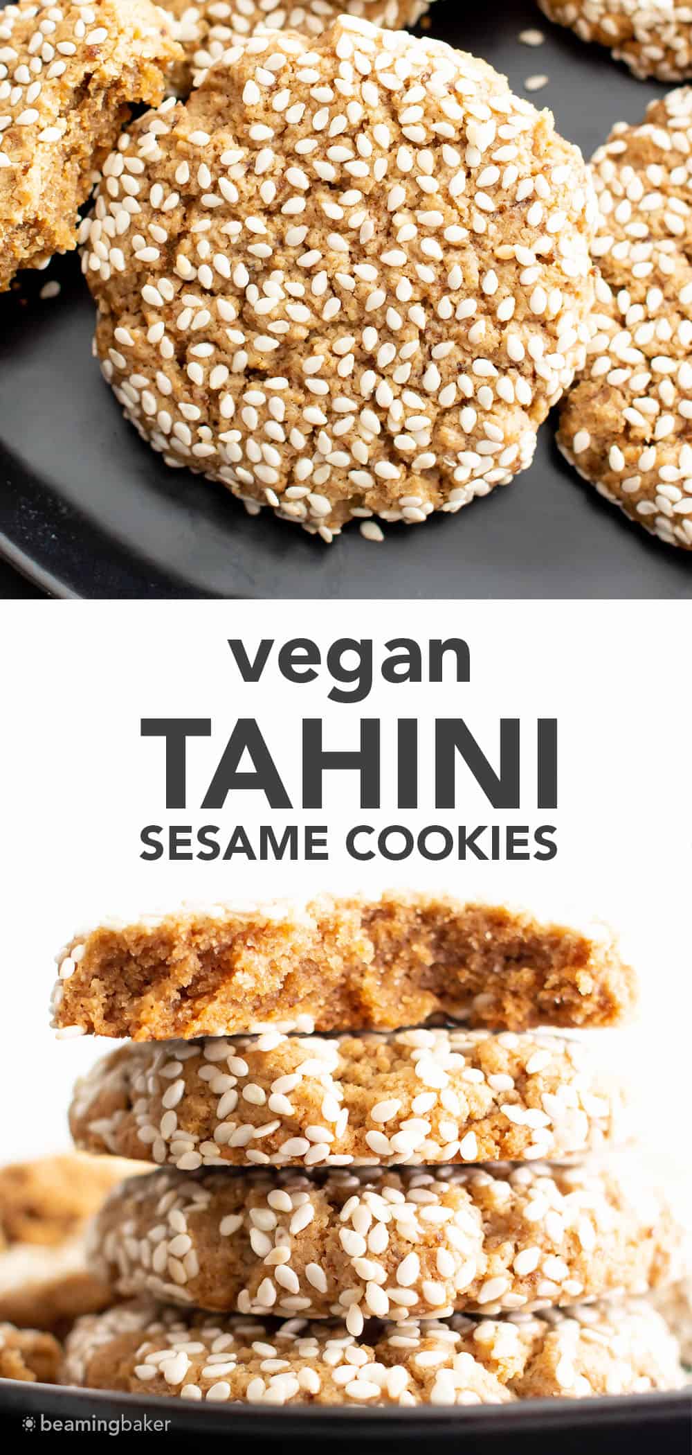 Vegan Sesame Tahini Cookies (Gluten Free): just 7 ingredients for the best vegan tahini cookies—buttery-rich, crisp sesame coating, tender on the inside. Delicious sesame tahini cookies that are gluten free! #Vegan #Sesame #Tahini #GlutenFree #Cookies | Recipe at BeamingBaker.com