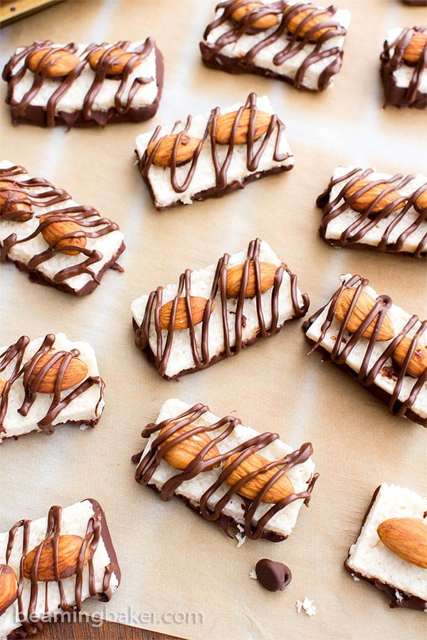 many homemade almond joy bars with chocolate chips