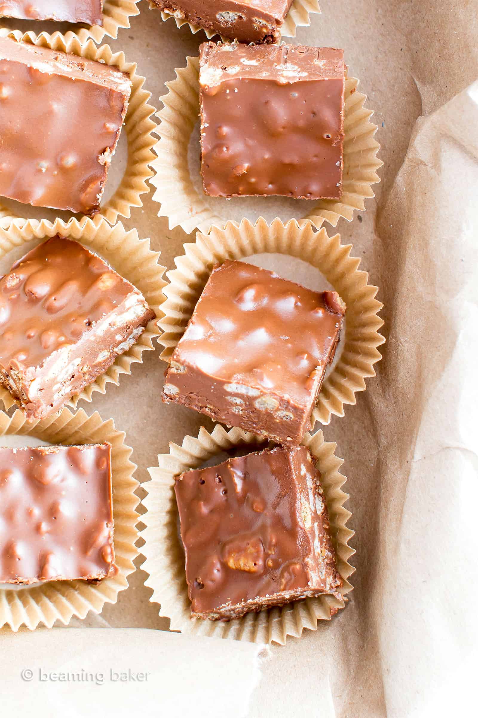 Peanut butter crunch bars, overhead closeup view