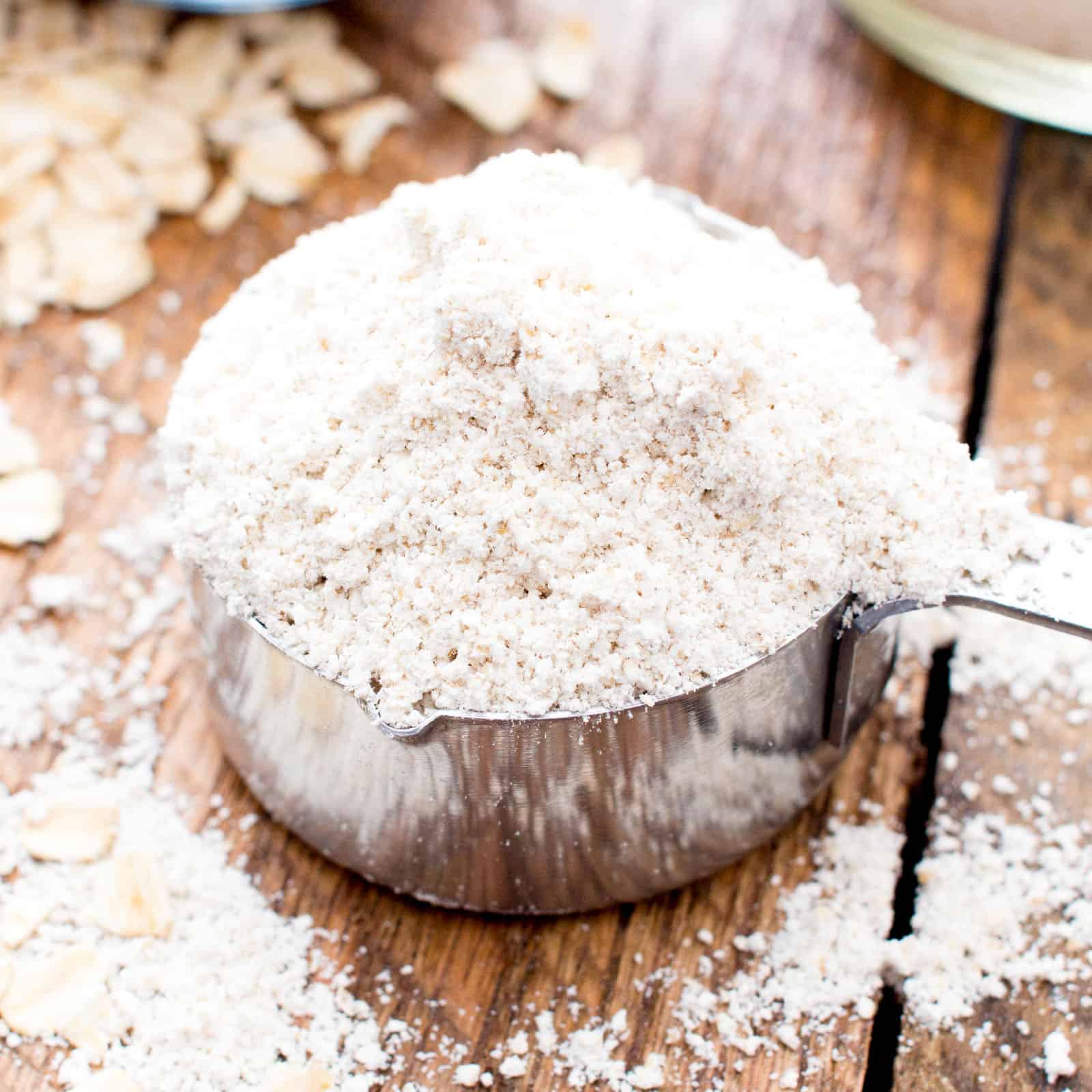 Closeup on freshly made gluten free oat flour showing fine texture