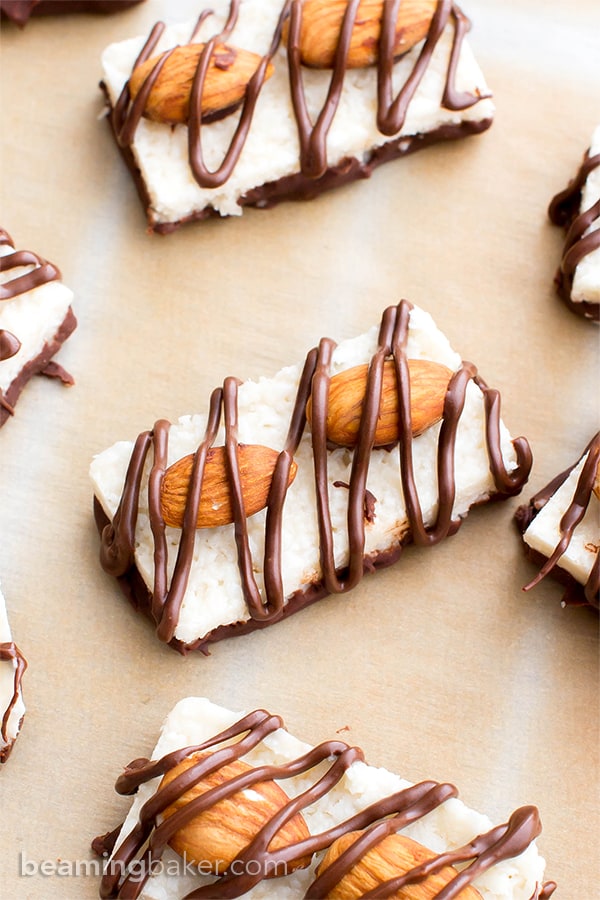 one vegan almond joy bar on parchment paper