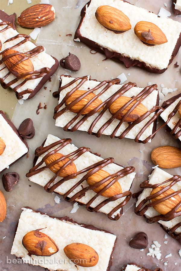 Closeup vegan almond joy being drizzled