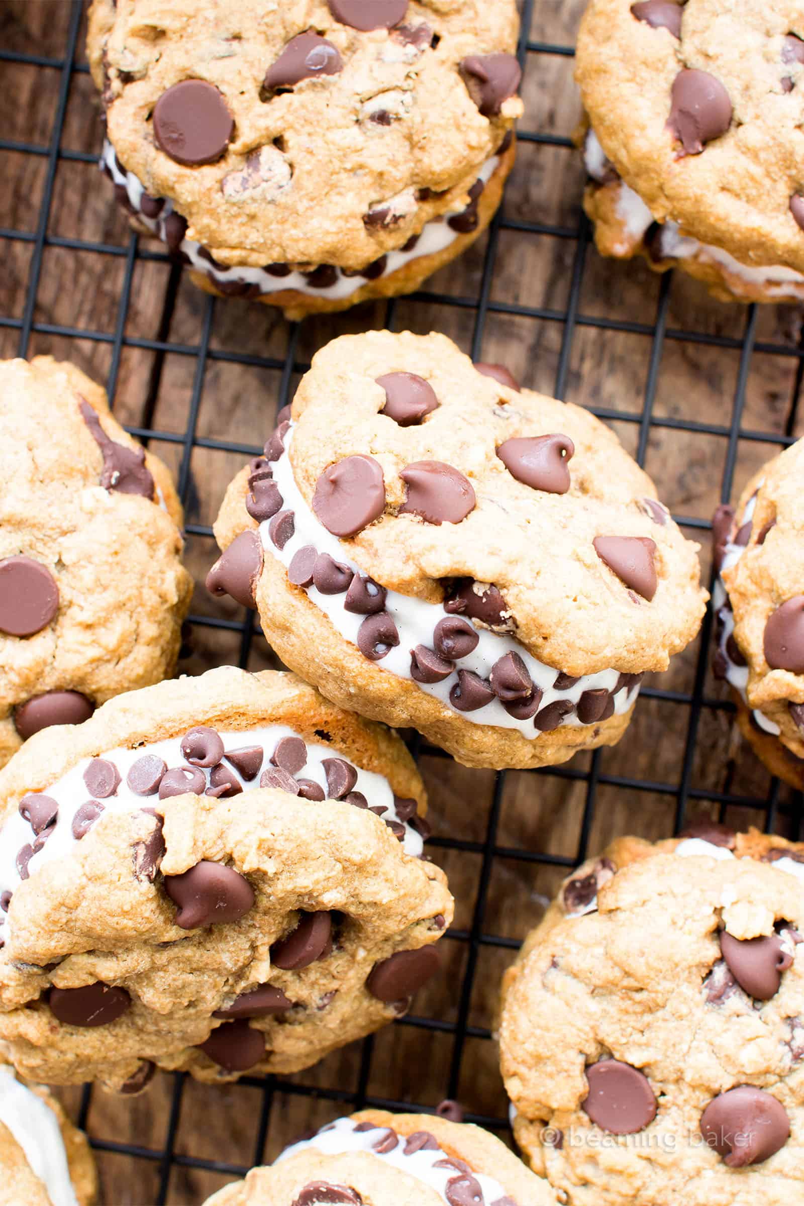 Vegan Ice Cream Sandwiches (GF): soft-baked gluten free chocolate chip cookies sandwich a thick layer of delicious creamy vegan ice cream. The best gluten free ice cream sandwiches! #Vegan #GlutenFree #IceCreamSandwiches #IceCream | Recipe at BeamingBaker.com