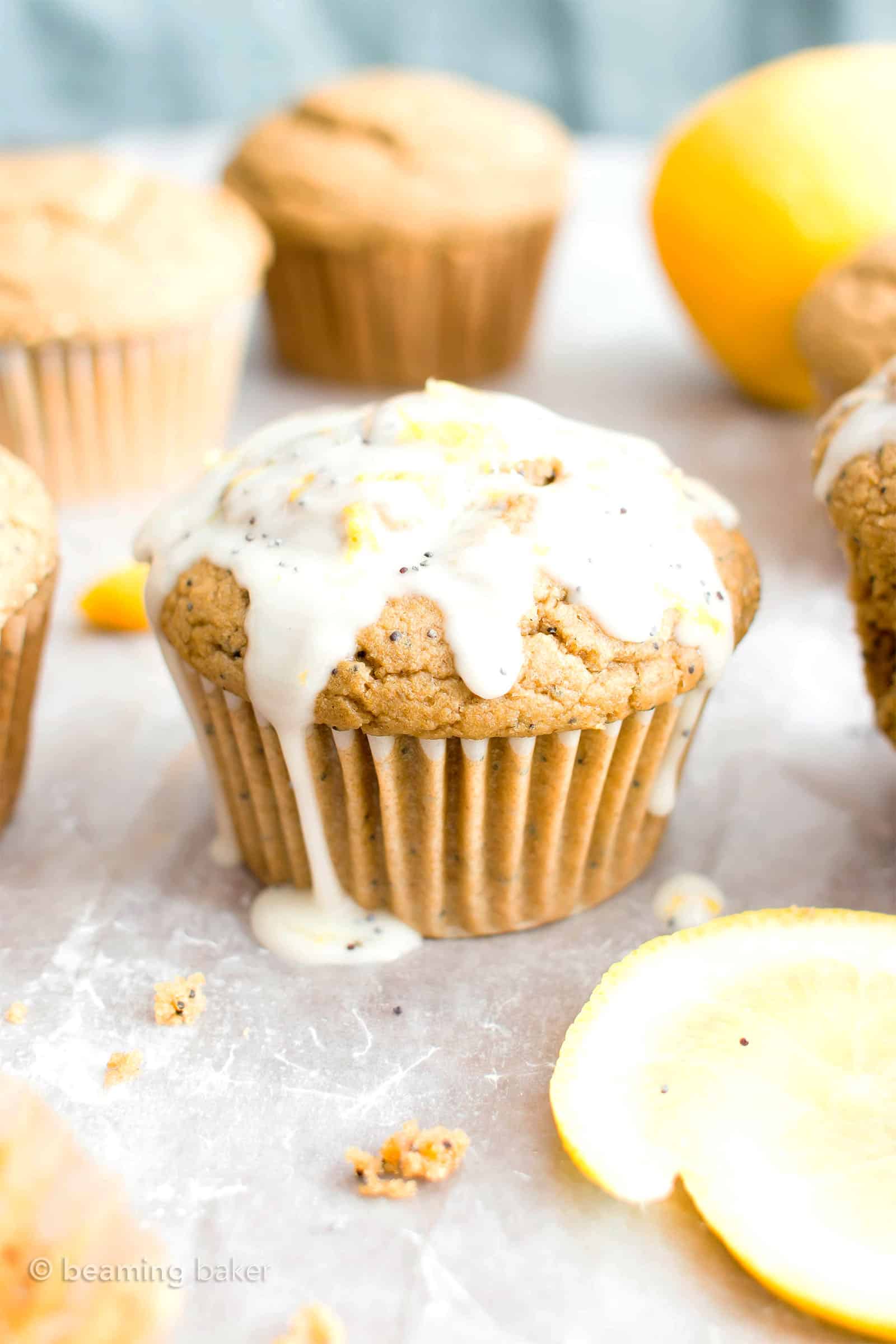 Vegan Lemon Poppy Seed Muffins (Gluten Free): an easy recipe for moist ‘n fluffy vegan lemon poppy seed muffins—perfectly sweet ‘n tart! Gluten Free. #Vegan #Lemon #PoppySeed #GlutenFree #Muffins | Recipe at BeamingBaker.com