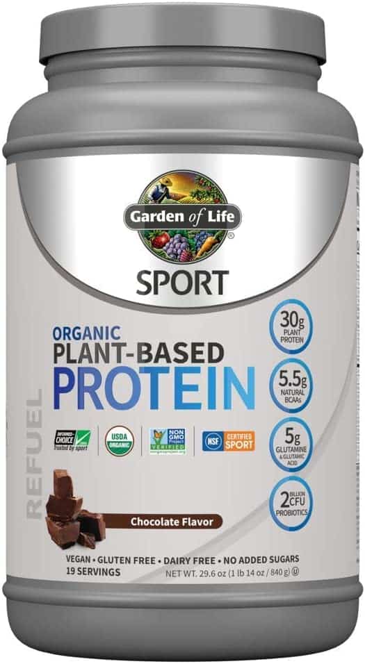 Container of Garden of Life Sport vegan chocolate protein powder