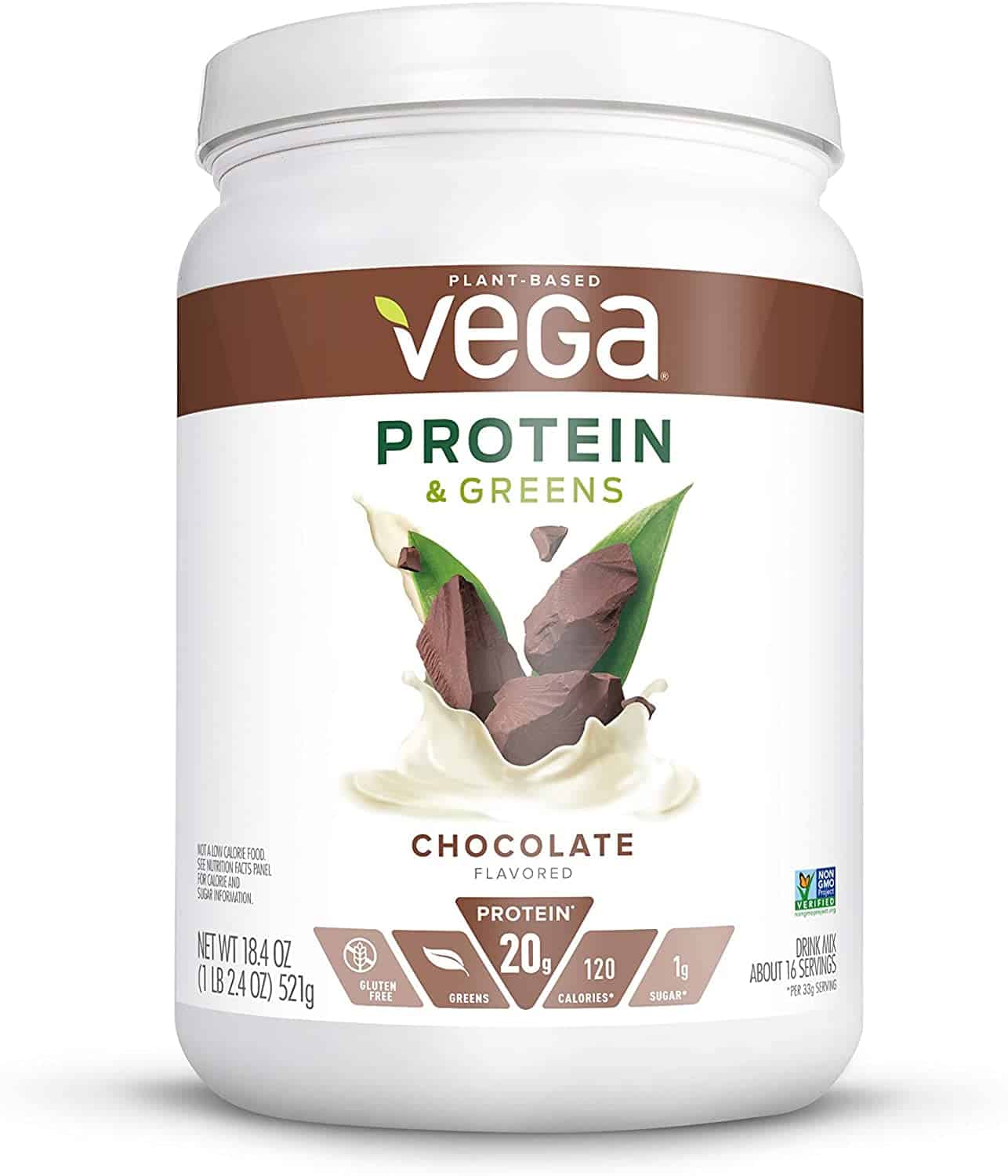 Container of Vega Protein & Greens vegan chocolate protein powder