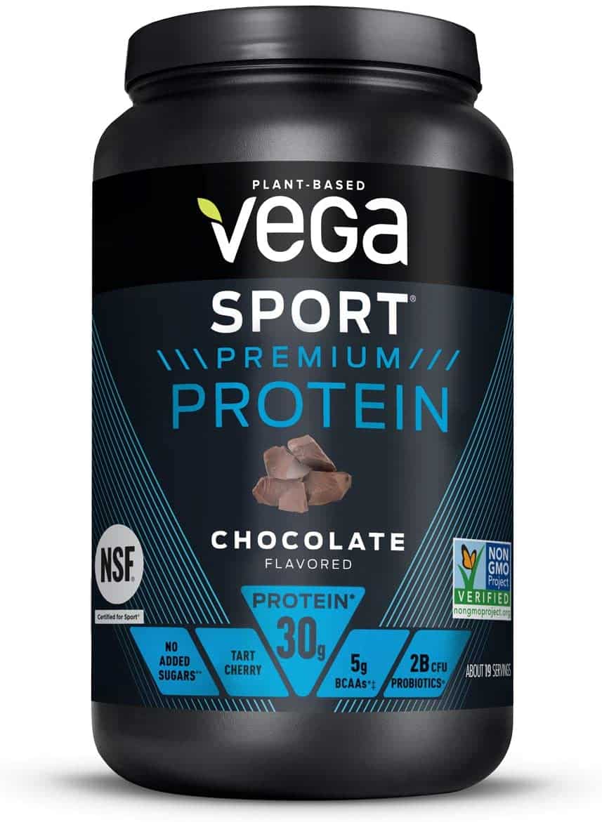 Container of Vega Sport vegan chocolate protein powder