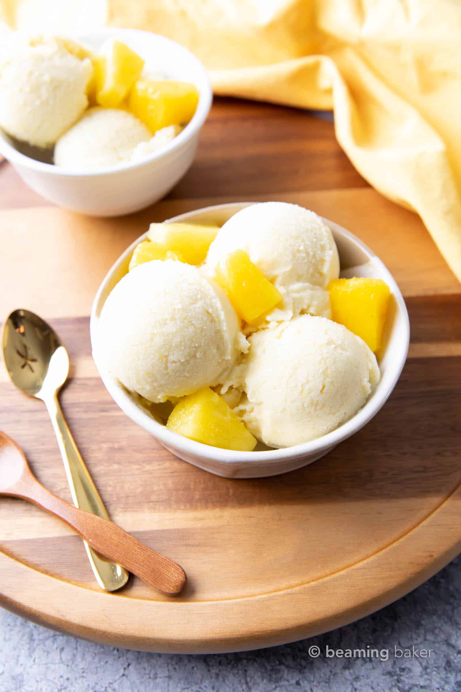 Pineapple Coconut Sorbet: just 2 ingredients and 5 minutes to make delicious coconut pineapple sorbet. Healthy, Dairy-Free, Paleo, Vegan. #Coconut #Pineapple #Sorbet #Vegan | Recipe at BeamingBaker.com