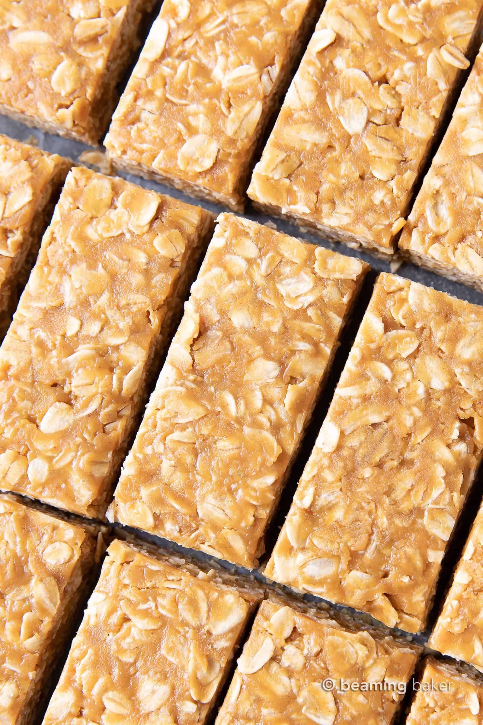 Closeup on peanut butter granola bars cut in pan.