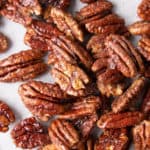 Vegan Candied Pecans: learn how to make candied pecans with just 4 healthy ingredients! Prep time is just 5 mins for deliciously glazed candied pecans in this lower sugar recipe! #Pecans #Healthy #Vegan #Fall | Recipe at BeamingBaker.com