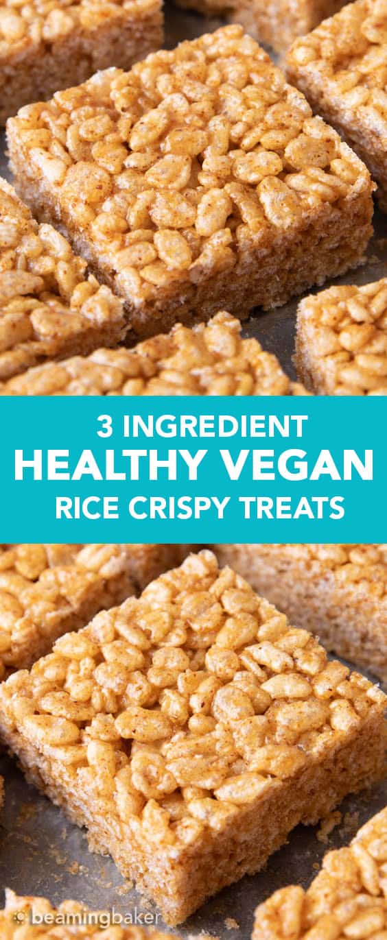 Healthy Vegan Rice Crispy Treats: this 3 ingredient healthy rice krispie treats recipe is prepped in minutes! Learn how to make rice krispie treats without marshmallows. #RiceKrispieTreats #RiceCrispy #Vegan #Healthy | Recipe at BeamingBaker.com