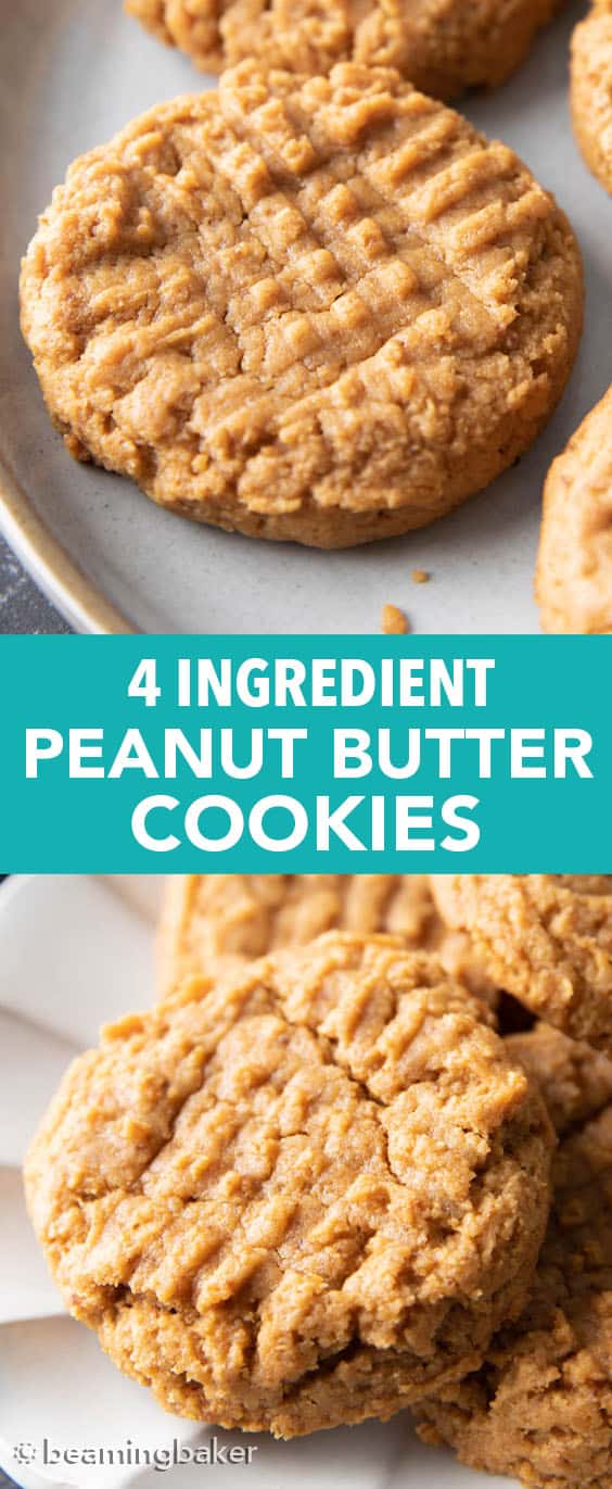 The best healthy peanut butter cookies, made with just 4 ingredients. You’ll love these refined sugar free gluten free peanut butter cookies. #healthy #glutenfree #peanutbutter #cookies | Recipe at BeamingBaker.com