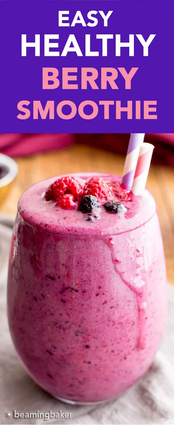Easy Berry Smoothie Recipe: this quick & easy berry smoothie is ready in 5 minutes! Refreshing, packed with antioxidants and delicious. Paleo, Dairy-Free, Healthy. #Berry #Smoothie #DairyFree #Paleo #Breakfast | Recipe at BeamingBaker.com