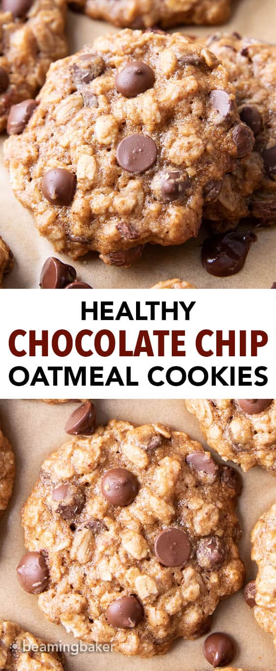 Easy Healthy Oatmeal Chocolate Chip Cookies: this easy healthy oatmeal chocolate chip cookies recipe yields chewy cookies with crispy edges and lots of chocolate chips! Vegan, Gluten-Free, Dairy-Free, Healthy. #Healthy #OatmealCookies #HealthyCookies #ChocolateChip | Recipe at BeamingBaker.com