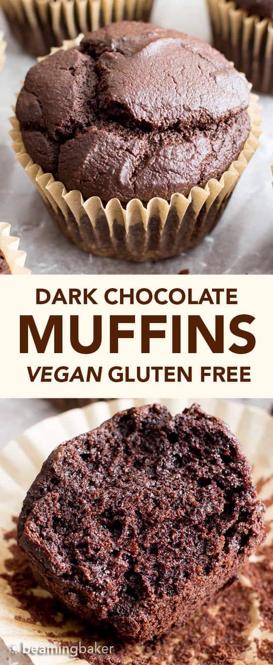 Gluten Free Chocolate Muffins: rich, deep dark vegan chocolate muffins with a beautiful rise. Dairy-Free. #GlutenFree #Vegan #Chocolate #Muffins | Recipe at BeamingBaker.com