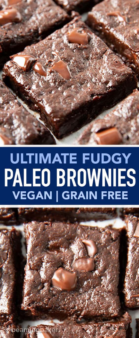 Ultimate Fudgy Paleo Vegan Brownies Recipe (GF): ultra-moist, deep chocolate flavor, fudgy, gooey YUM—the BEST paleo brownies recipe! Made with almond flour, Gluten Free, Vegan, Grain-Free. #Paleo #Brownies #Vegan #Fudgy | Recipe at BeamingBaker.com