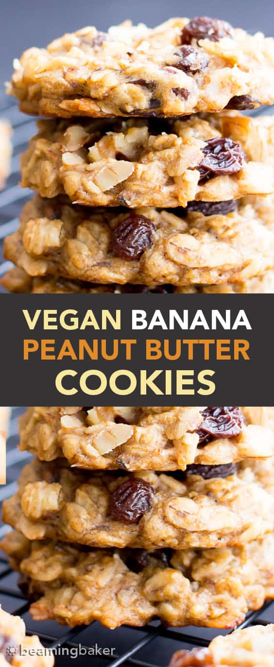 These delicious Vegan Banana Cookies are made with natural peanut butter, fiber-rich oats and deliciously ripe bananas! Easy recipe to customize and enjoy on the go! #Vegan #Breakfast #Banana #Cookies | Recipe at BeamingBaker.com
