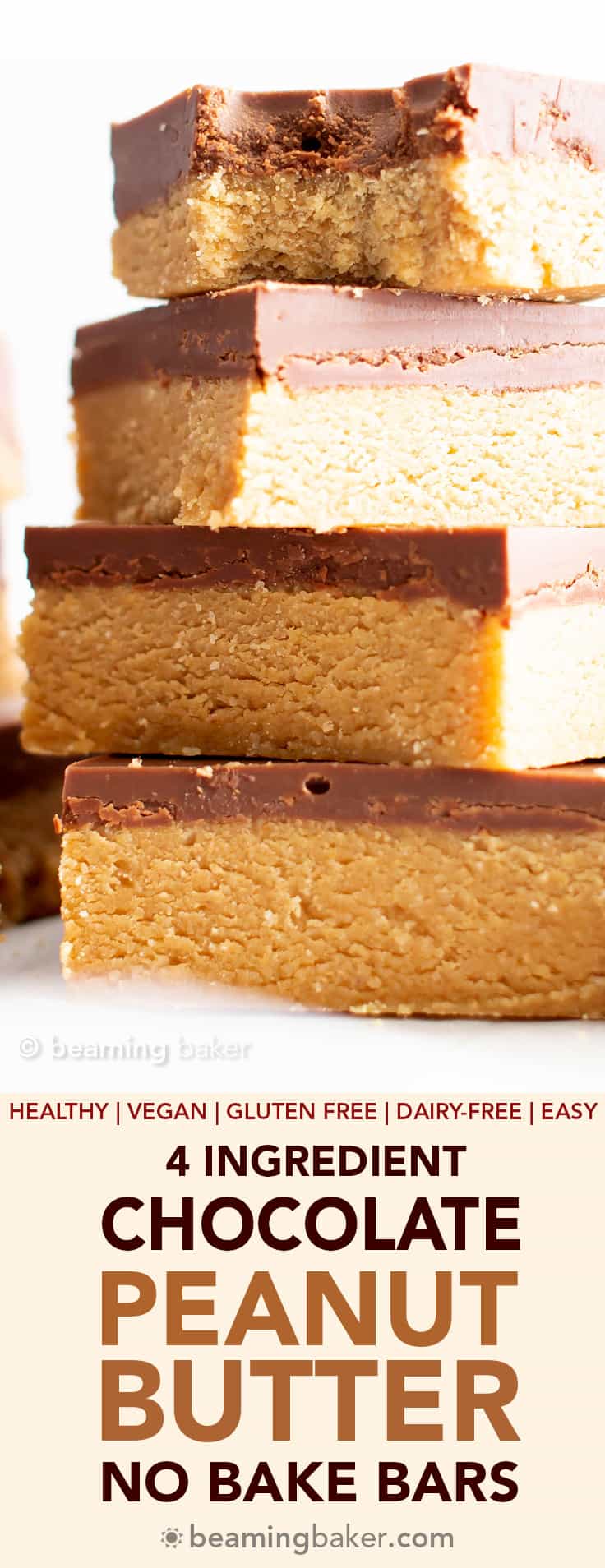 Easy Vegan Chocolate Peanut Butter Bars (V, GF): a 4 ingredient, easy recipe for healthy gluten free peanut butter bars! The best dairy free dessert recipe & no bake! #Vegan #GlutenFree #PeanutButter #DairyFree #Healthy | Recipe at BeamingBaker.com