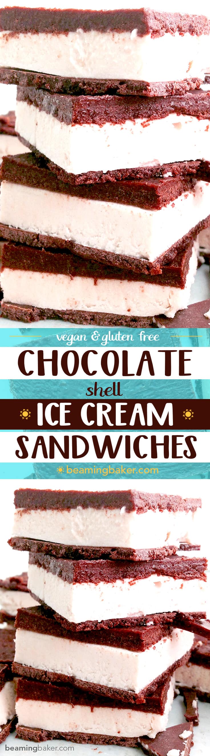 Vegan ice cream sandwiches: A chocolate shell twist on a classic frozen dessert. A thick layer of raw cashew ice cream sandwiched between two layers of homemade chocolate shell. #Vegan #GlutenFree #DairyFree | BeamingBaker.com