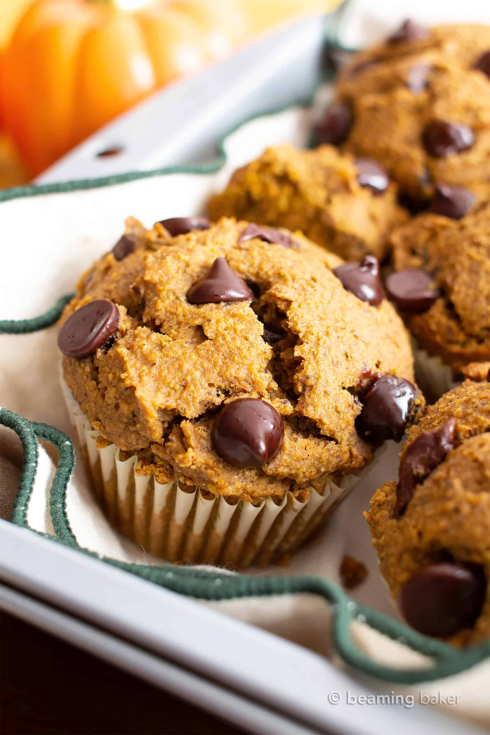 Gluten Free Pumpkin Chocolate Chip Muffins Recipe (GF): this easy gluten free pumpkin muffins recipe makes perfectly spiced GF pumpkin muffins! Made in 1-bowl with healthy, whole ingredients. #Pumpkin #Muffins #Chocolate #GlutenFree #Vegan | Recipe at BeamingBaker.com