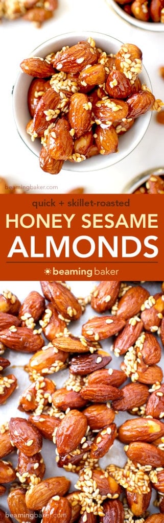 Honey Sesame Almonds: sweet and smoky skillet-roasted almonds glazed with a coat of honey and satisfying sesame seeds. BEAMINGBAKER.COM