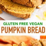 Gluten Free Vegan Pumpkin Bread (GF): this moist, classic gluten free pumpkin bread recipe is flourless, healthy! The best dairy free pumpkin bread—made with oat flour! #Vegan #GlutenFree #Pumpkin #DairyFree | Recipe at BeamingBaker.com