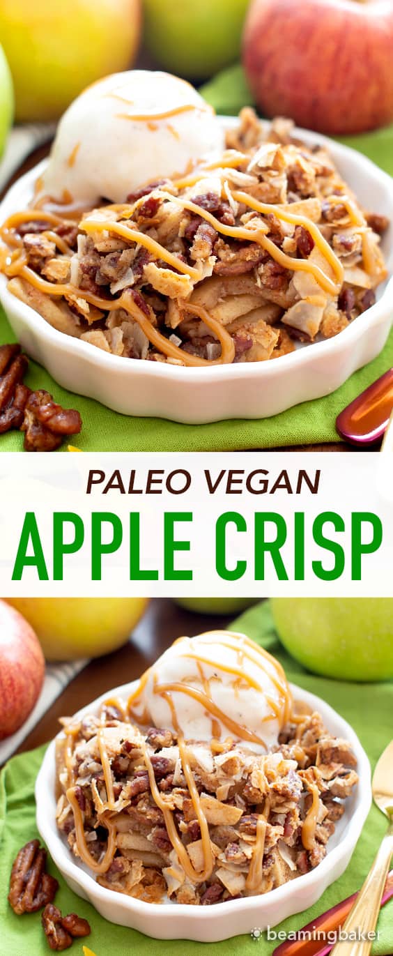 A simple and easy paleo apple crisp recipe that yields gooey cinnamon apple filling with a delicious crisp topping! The best paleo apple crisp made with whole ingredients. #AppleCrisp #Paleo #Apples #AppleCrumble | Recipe at BeamingBaker.com