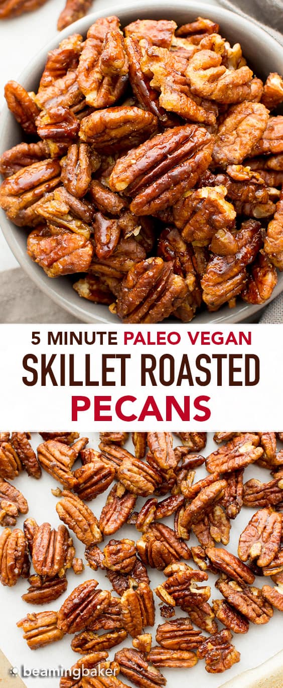 Skillet Roasted Maple Cinnamon Pecans: this 5 minute maple pecans recipe is quick & easy! The ultimate maple roasted pecans with cinnamon & coconut sugar! #Paleo #Snacks #Pecans #Maple | Recipe at BeamingBaker.com