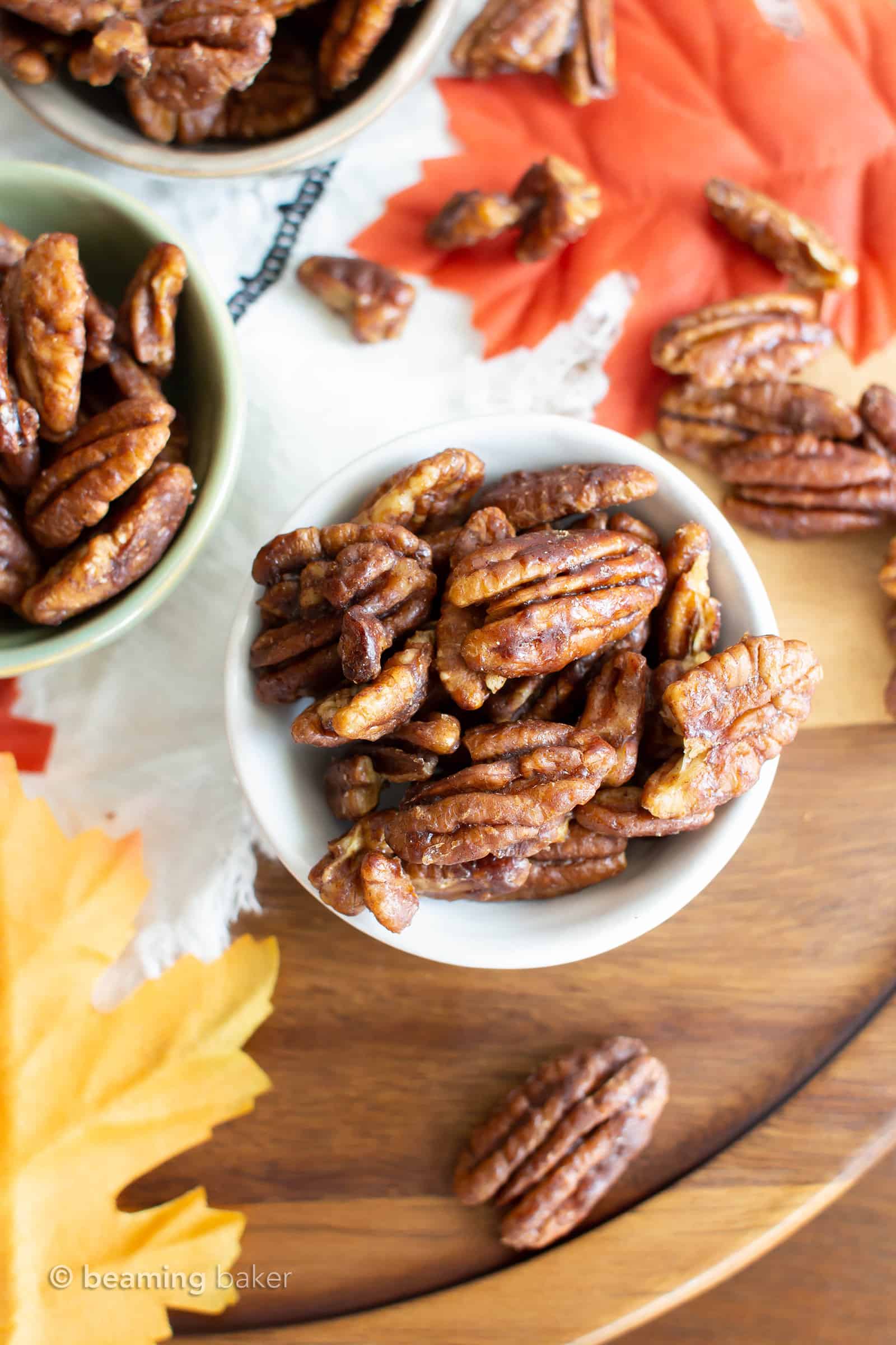 Skillet Roasted Maple Cinnamon Pecans: this 5 minute maple pecans recipe is quick & easy! The ultimate maple roasted pecans with cinnamon & coconut sugar! #Paleo #Snacks #Pecans #Maple | Recipe at BeamingBaker.com