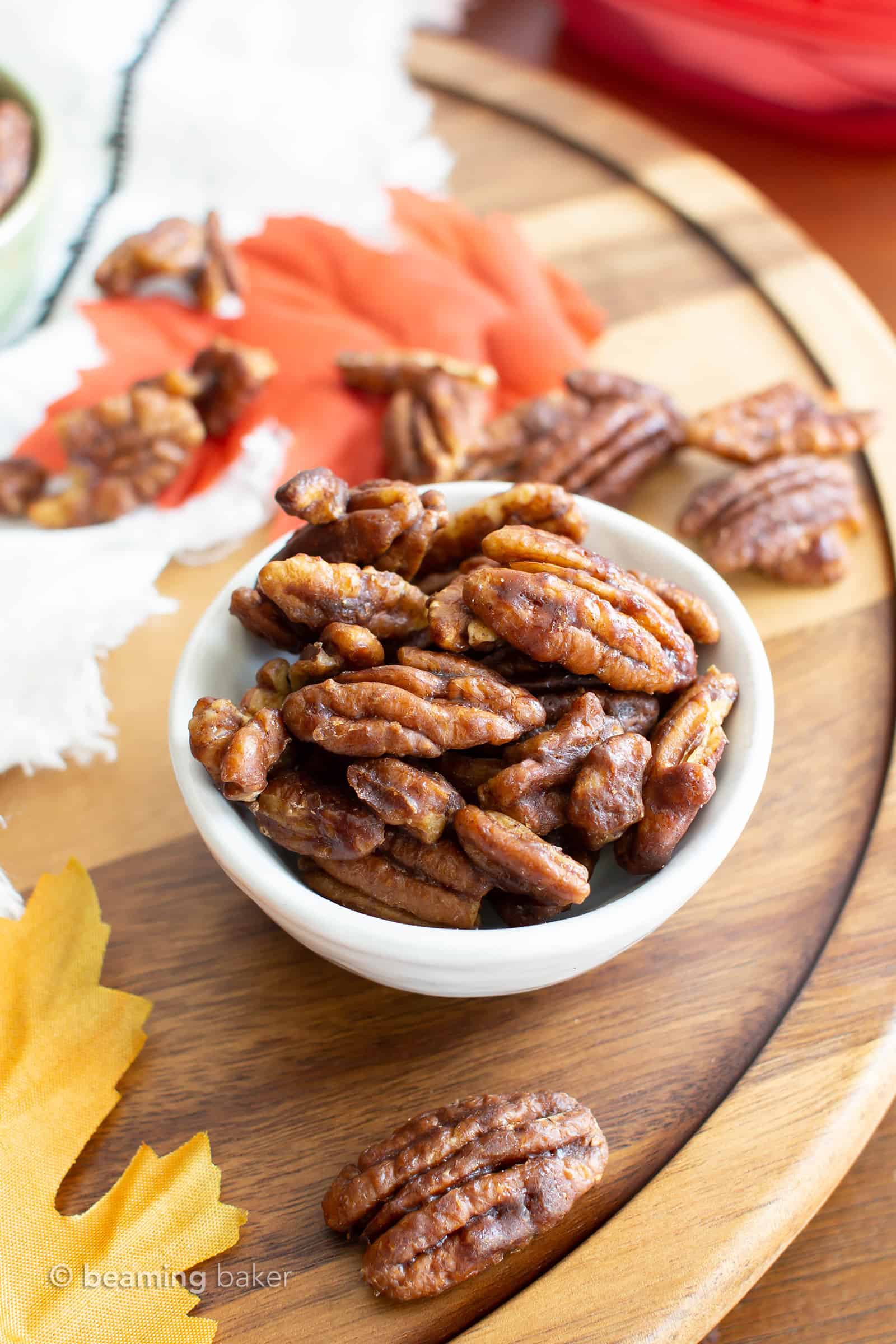 Skillet Roasted Maple Cinnamon Pecans: this 5 minute maple pecans recipe is quick & easy! The ultimate maple roasted pecans with cinnamon & coconut sugar! #Paleo #Snacks #Pecans #Maple | Recipe at BeamingBaker.com