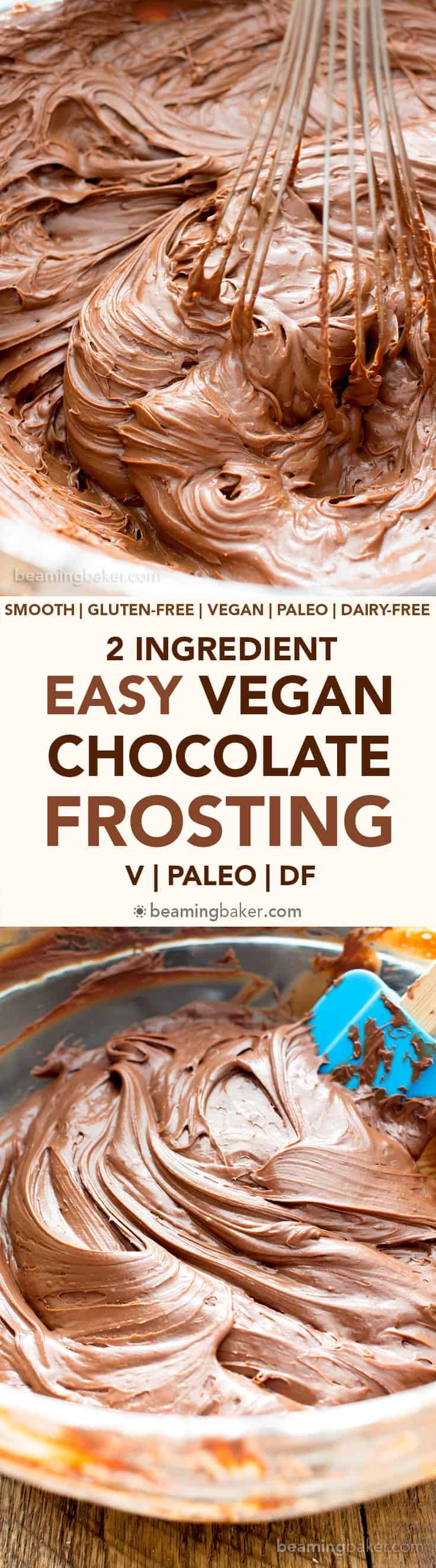 Vegan Chocolate Frosting: smooth ‘n creamy vegan chocolate frosting that’s so easy to pipe. Just 2 ingredients for the best dairy free frosting! #Vegan #ChocolateFrosting #VeganFrosting #DairyFree | Recipe at BeamingBaker.com